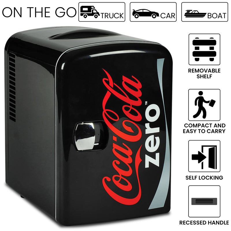 Coca-Cola Zero CZ04 4 Liter/4.2 Quarts 6 Can Portable Cooler/Mini Fridge, Beverages, Baby Food, Skincare and Medications-Use at Home, Office, Dorm, Car, RV or Boat-AC & DC Plugs Included, Black/Red - Image 5